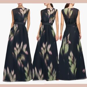 NEW $398 KAY UNGER [ 14 ] Tess Sleeveless A Line Gown in Black Green J1982
